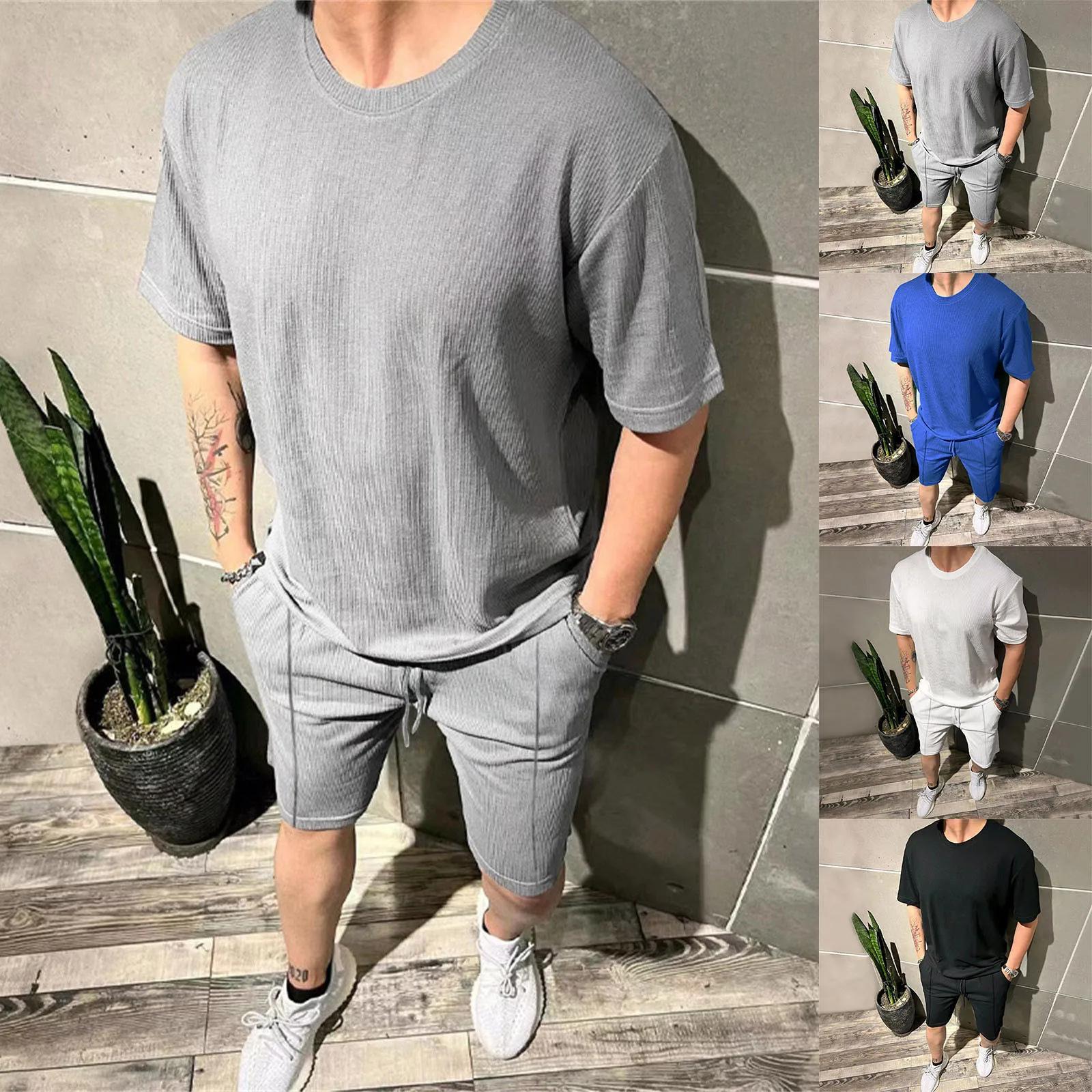남성용 티셔츠 및 반바지, 세트 여름 2 피스 의류, 남성용 황갈색 정장, 원피스 세트 3 단추 세트, 크고 키가 큰 남성 세트